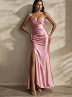Evening Dress Pink Tube Top High Slit Long Dress