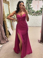 Fuchsia Mermaid Spaghetti Straps Long Prom Dress with Appliques