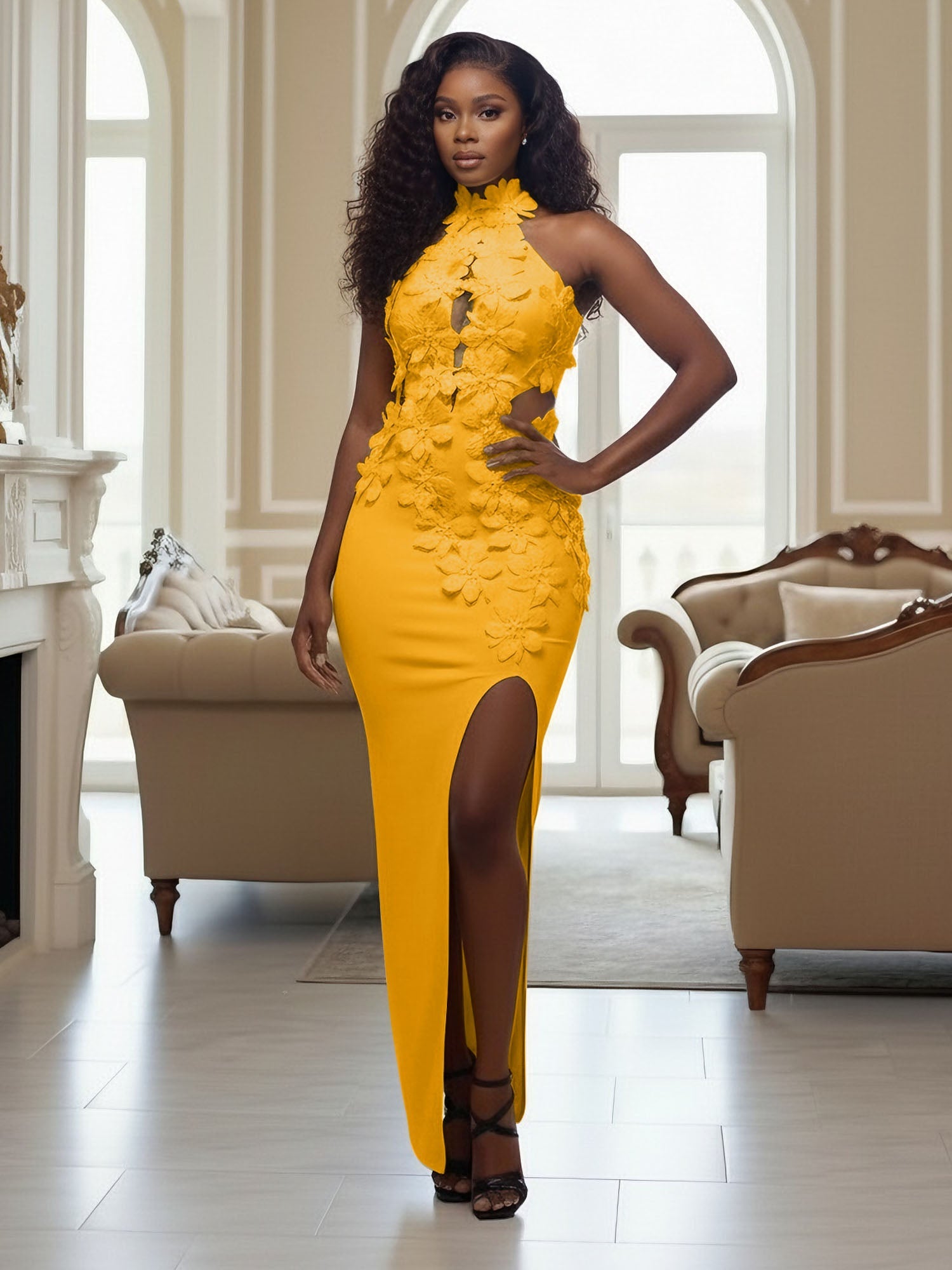 Yellow Halter Neck 3D Flower Mermaid Long Prom Dress with Slit  DUNALI