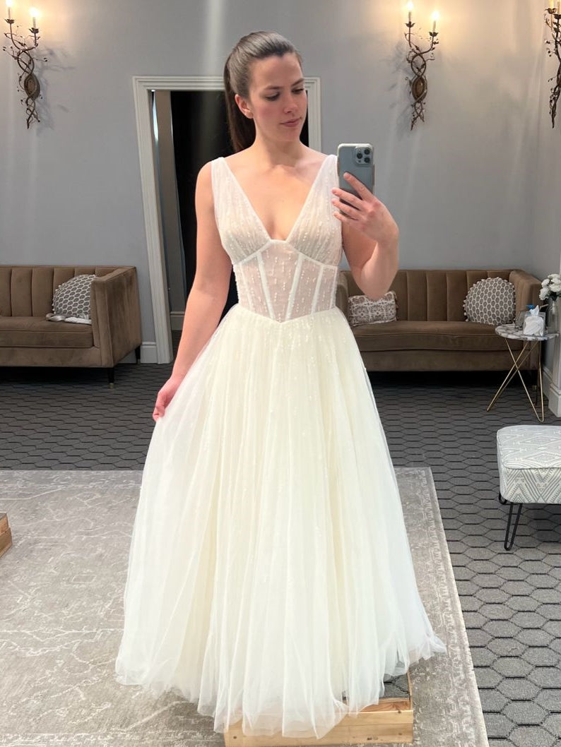 Elegant V-Neck Beaded Corset Tulle A-Line Wedding Dress