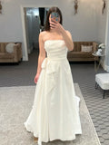 Strapless Pleated Satin A-Line Wedding Dress with Side Bow