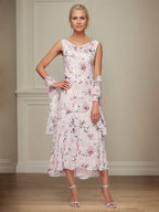 Robe de mère de la mariée ligne A en chiffon longueur thé, col en V devant et dos en V