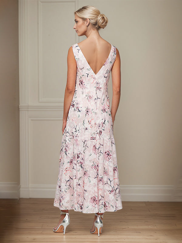 Robe de mère de la mariée ligne A en chiffon longueur thé, col en V devant et dos en V