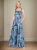 Robe mère de la mariée en satin à fleurs ligne A col carré et ceinture structurée