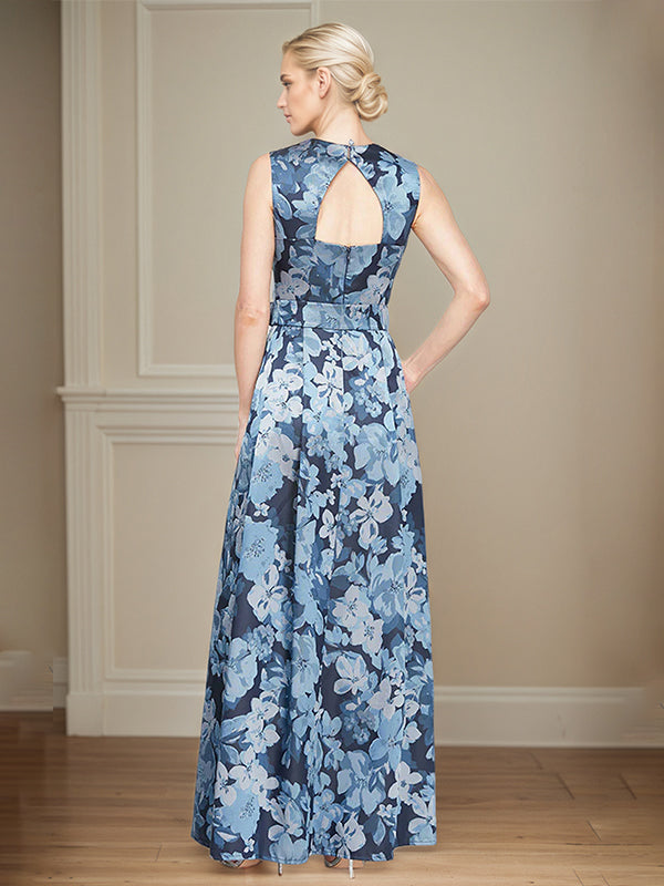 Robe mère de la mariée en satin à fleurs ligne A col carré et ceinture structurée