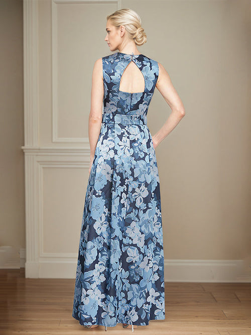 Robe mère de la mariée en satin à fleurs ligne A col carré et ceinture structurée
