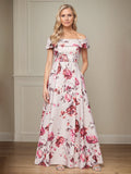 Vestido de mãe da noiva em cetim floral, linha A, ombro a ombro, com bolsos