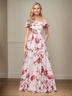 Vestido de mãe da noiva em cetim floral, linha A, ombro a ombro, com bolsos