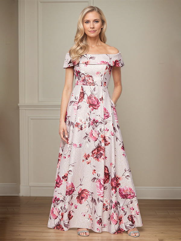 Vestito a-line da madre della sposa in raso floreale con scollatura a spalle scoperte e tasche