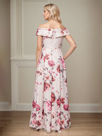 Vestido de mãe da noiva em cetim floral, linha A, ombro a ombro, com bolsos