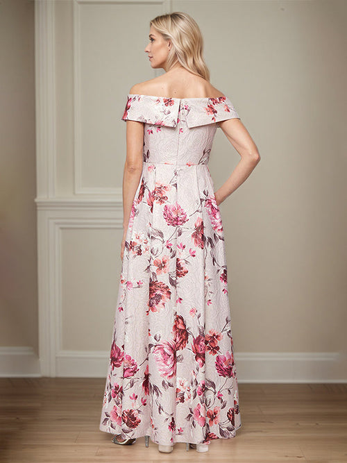 Vestido de madre de la novia línea A, satinado floral, hombros descubiertos y con bolsillos