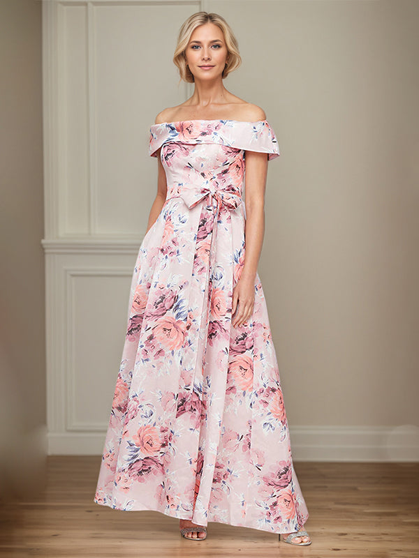 Vestido línea A champán satinado floral para madre de la novia sin hombros con lazo