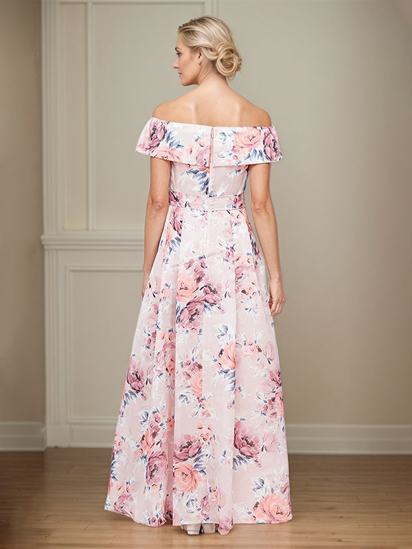 Vestido línea A champán satinado floral para madre de la novia sin hombros con lazo
