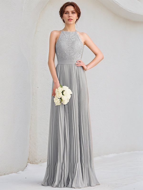 Silbernes A-Linien U-Ausschnitt bodenlanges Spitzen Chiffon Kleid mit Falten