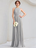 Silbernes A-Linien U-Ausschnitt bodenlanges Spitzen Chiffon Kleid mit Falten