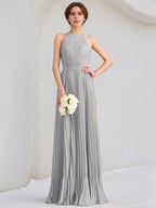 Silbernes A-Linien U-Ausschnitt bodenlanges Spitzen Chiffon Kleid mit Falten