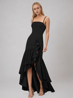 Black Sheath/Column Stretch Crepe Off The Shoulder Sleeveless Floor Length Dress With Ruffles