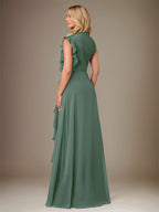 Eukalyptus A-Linien Chiffon Kleid mit hohem Kragen, ärmellos, bodenlang mit kaskadierenden Rüschen