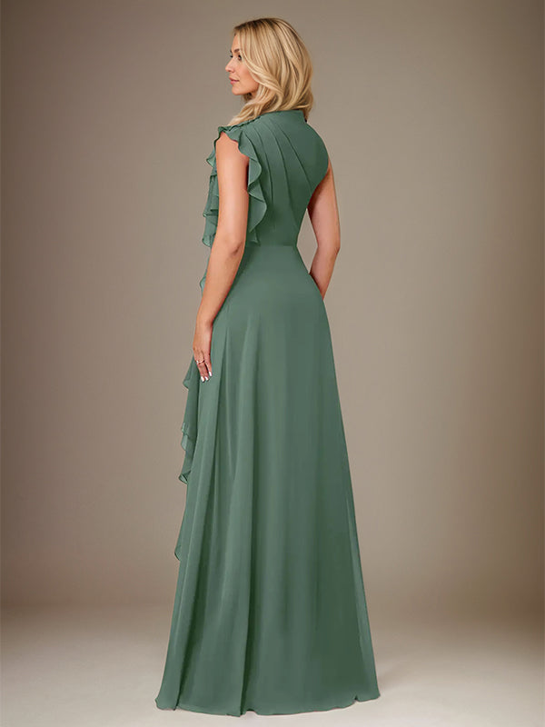 Eukalyptus A-Linien Chiffon Kleid mit hohem Kragen, ärmellos, bodenlang mit kaskadierenden Rüschen