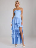Sky Blue Chiffon A Line Off The Shoulder Sleeveless Floor Length Bridesmaid Dresses With Ruffles