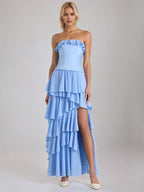 Sky Blue Chiffon A Line Off The Shoulder Sleeveless Floor Length Bridesmaid Dresses With Ruffles