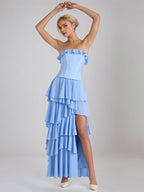 Sky Blue Chiffon A Line Off The Shoulder Sleeveless Floor Length Bridesmaid Dresses With Ruffles