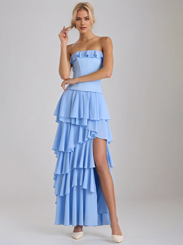 Sky Blue Chiffon A Line Off The Shoulder Sleeveless Floor Length Bridesmaid Dresses With Ruffles