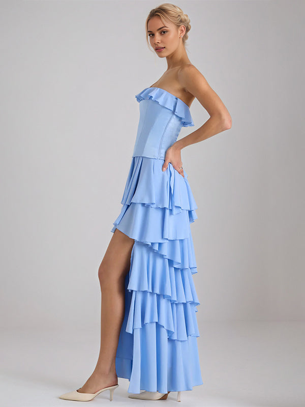 Sky Blue Chiffon A Line Off The Shoulder Sleeveless Floor Length Bridesmaid Dresses With Ruffles