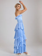 Sky Blue Chiffon A Line Off The Shoulder Sleeveless Floor Length Bridesmaid Dresses With Ruffles