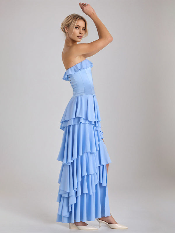 Sky Blue Chiffon A Line Off The Shoulder Sleeveless Floor Length Bridesmaid Dresses With Ruffles