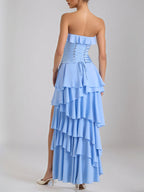 Sky Blue Chiffon A Line Off The Shoulder Sleeveless Floor Length Bridesmaid Dresses With Ruffles