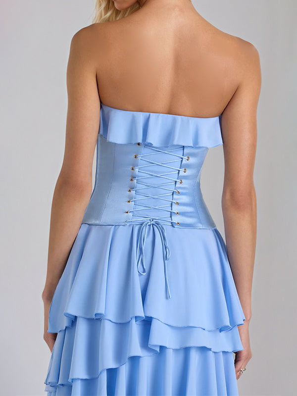 Sky Blue Chiffon A Line Off The Shoulder Sleeveless Floor Length Bridesmaid Dresses With Ruffles