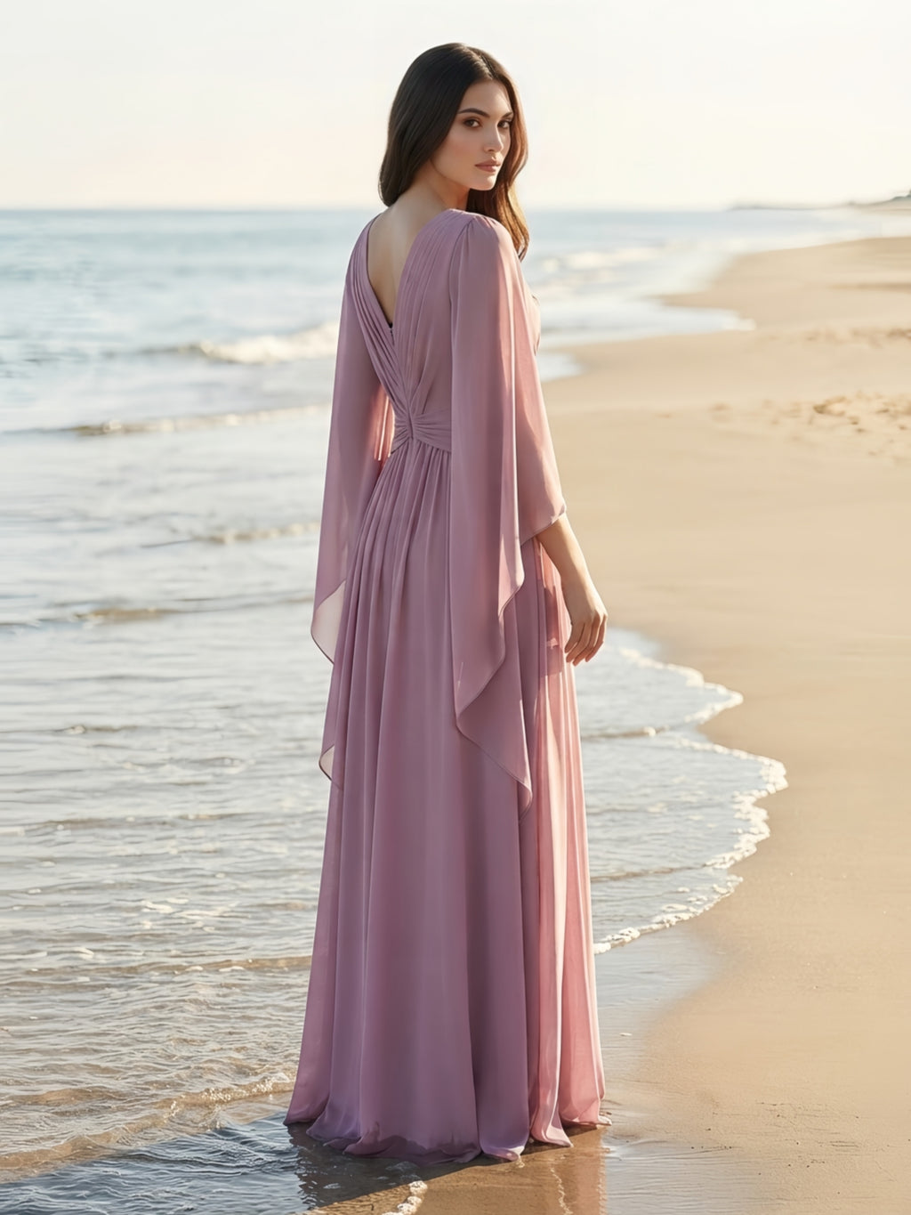Deep V Neck Pleated Chiffon Cape Sleeve Evening Gown
