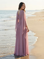 Deep V Neck Pleated Chiffon Cape Sleeve Evening Gown