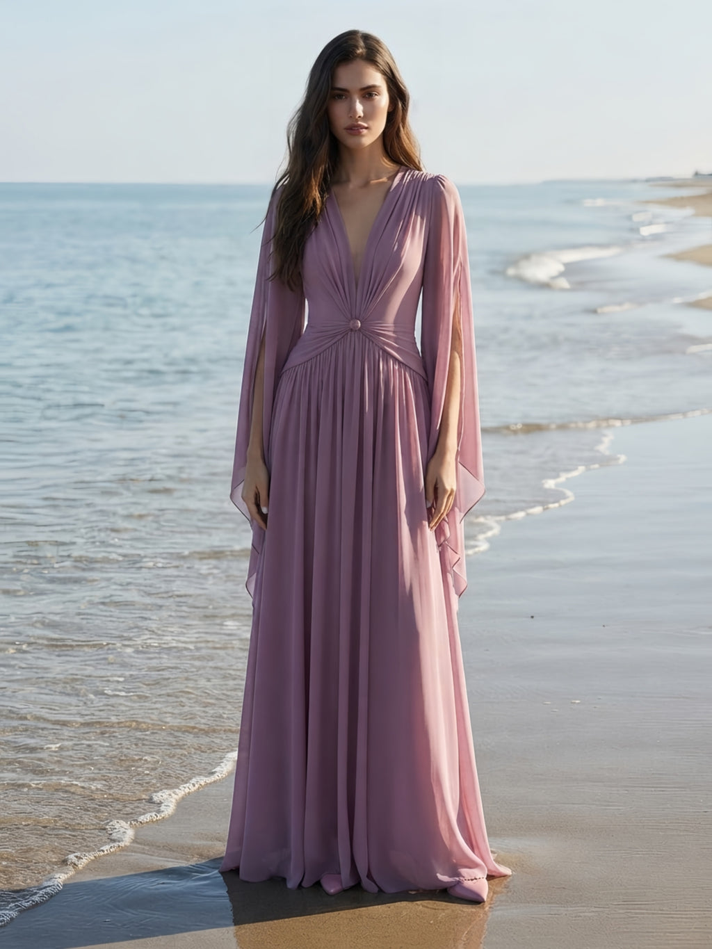 Deep V Neck Pleated Chiffon Cape Sleeve Evening Gown