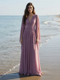 Deep V Neck Pleated Chiffon Cape Sleeve Evening Gown