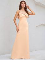 A Line Peach Pink Satin Spaghetti Straps Sleeveless Floor Length Dress With Bow