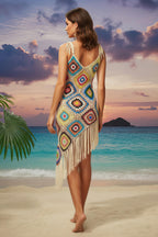 Boho Crochet Asymmetrical Fringe Hem Beach Cover-up Dress