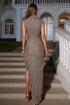 Shimmering Cowl Neck Ruched Evening Gown with Ruffle Hem