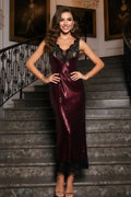 Elegant Shimmering Midi Gown with Lace Trim and V-Neckline