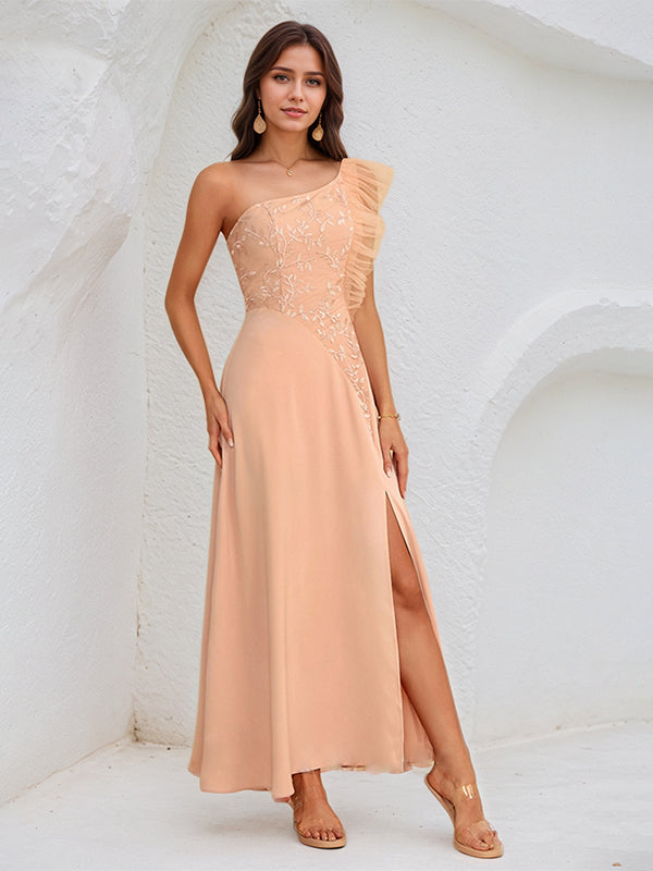 A-Linien Lachsfarbenes Chiffon Ein-Schulter ärmelloses knöchellanges Kleid mit hohem Schlitz
