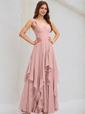A Line Pink Chiffon Spaghetti Straps Sleeveless Floor Length Dress With Ruffles
