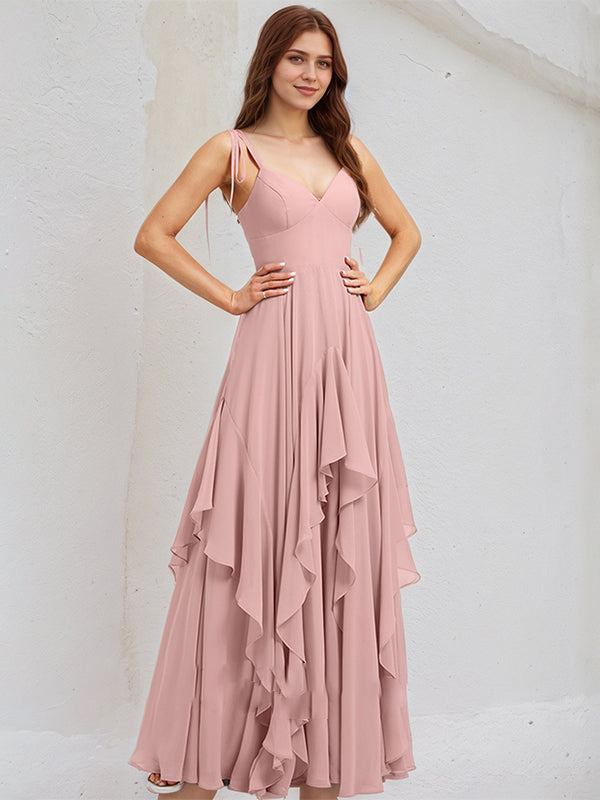 A Line Pink Chiffon Spaghetti Straps Sleeveless Floor Length Dress With Ruffles