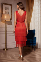 Elegant Sleeveless Tiered Fringe V-Neck Midi Party Dress