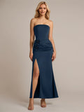 Navy Sheath/Column Satin Off The Shoulder Sleeveless Ankle Length Dresses