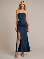 Navy Sheath/Column Satin Off The Shoulder Sleeveless Ankle Length Dresses