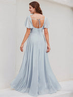 Ice Blue Chiffon A Line Square Neck Short Sleeves Asymmetrical Bridesmaid Dress