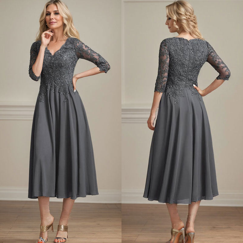 A-Linien-Brautmutterkleid aus Chiffon, V-Ausschnitt, tea-length mit Spitze, Pailletten und Perlen