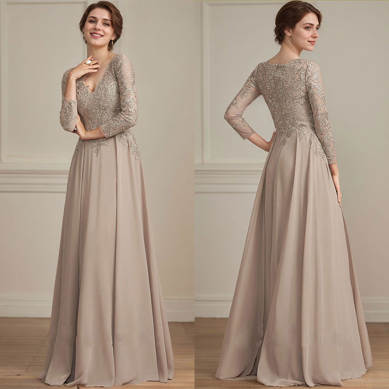 Vestido para madre de la novia línea A con escote en V, largo hasta el suelo, de encaje y gasa con lentejuelas