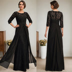 Vestido de mãe da noiva em linha A, com decote redondo ilusão, renda e chiffon longo até o chão, com bordados e babados